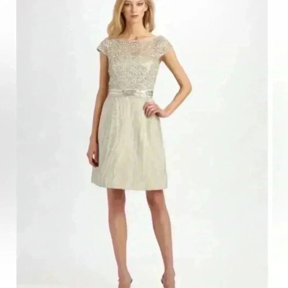 Kay Unger Dresses & Skirts - Kay Unger New York Silver Lace & Sequins Elevated Cocktail Dress Size 14